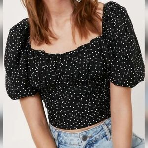 Polka Dot Puff Sleeve Crop Top in Black